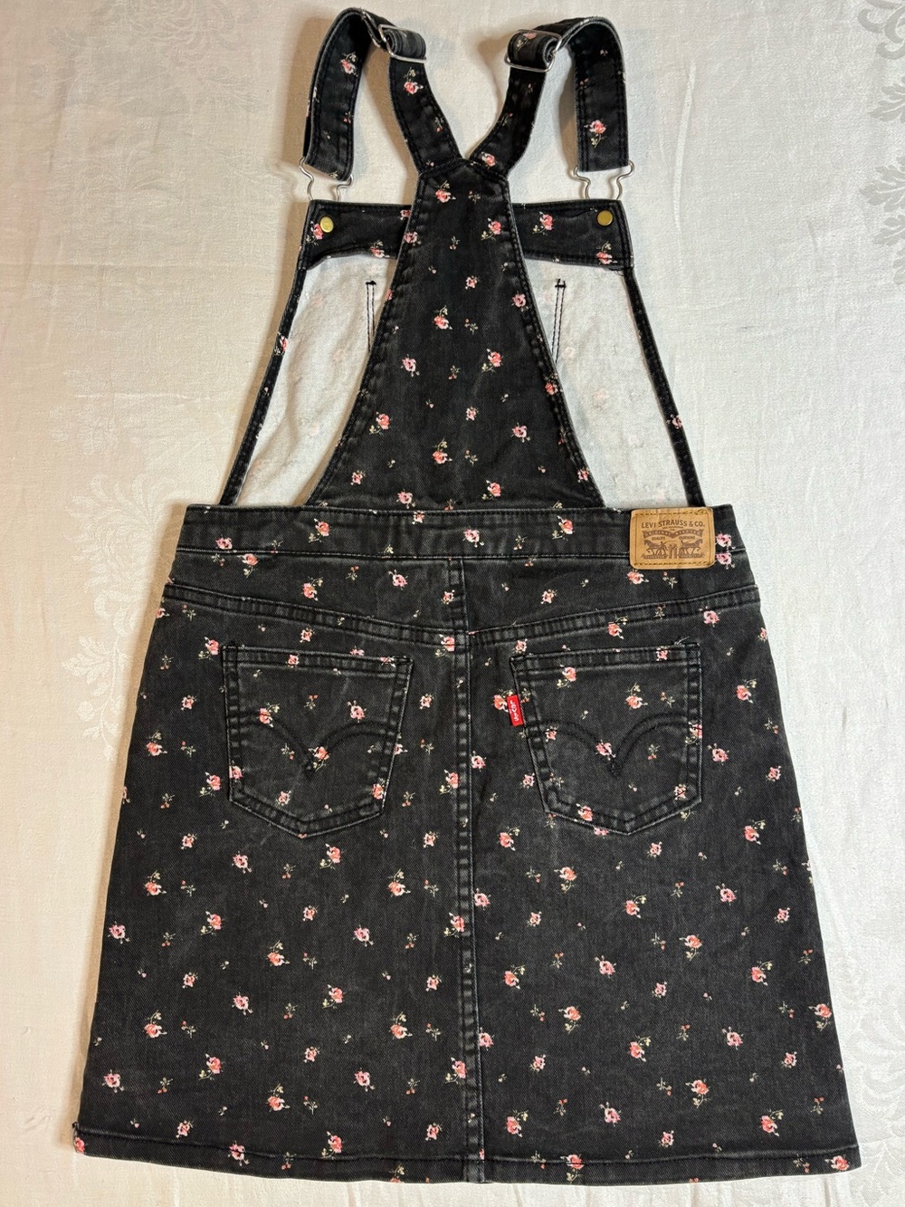 Levi’s Girls Black Floral Denim Jumper Dress Size 10 Cottagecore Overall